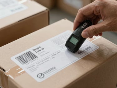 Macro detail of household goods boxes with shipping labels and barcode scanning in action, neutral warehouse lighting.