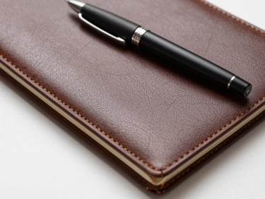 Close-up of a premium leather-bound notebook with deep blind embossing, paired with a matte black metal rollerball pen on a clean white surface, soft shadows.