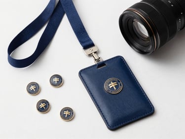 Professional flat-lay of custom corporate pins, high-quality woven lanyards, and official identity card holders in deep navy and gold accents, clean studio lighting.