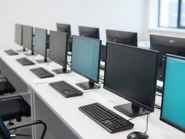 A row of brand new corporate desktop computers neatly arranged in a modern computer laboratory, bright clean lighting