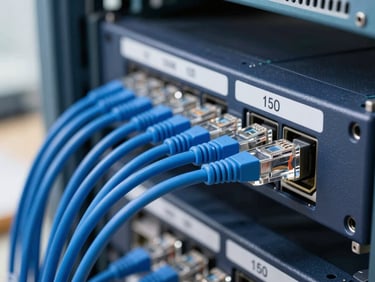 Close-up of structured blue ethernet cables neatly bundled and routed into a server rack, clean labels, professional installation