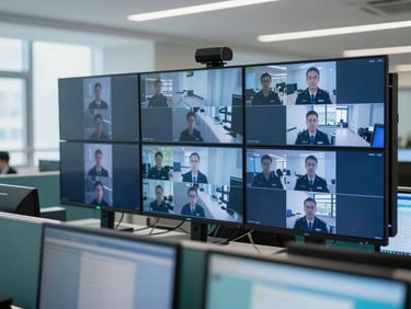 A professional security operations center with multiple wall-mounted screens showing clean camera feeds, soft blue lighting