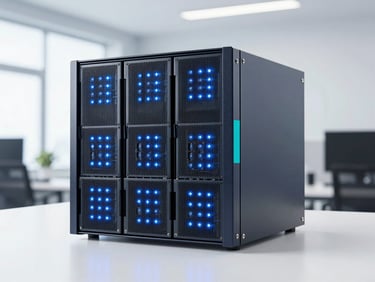 Enterprise server rack unit with blue LED lights on a clean white background, high-end server chassis, sharp focus, 50mm