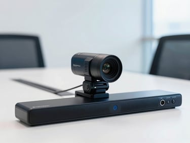Professional conference room audio visual setup, sleek camera and soundbar on a clean white background, modern design, sharp focus, 50mm