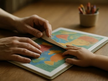 Overhead close-up of two pairs of hands — a caregiver's and a child's — turning the pages of a colorful storybook together on a warm wooden table, soft diffused window light from the left, a small cup of crayons blurred in the background