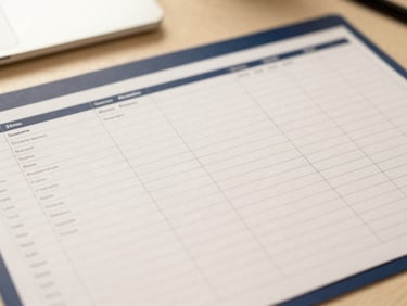 A close-up of a digital spreadsheet on a clean workspace, soft daylight, warm corporate tones, 35mm