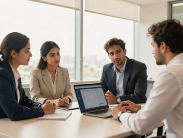 Sunlit corporate office in Bengaluru with large windows, professional advisors in a natural discussion around a digital ledger, warm cream palette, 35mm