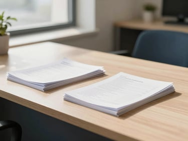 Bright modern sunlit office interior in Gurugram, neatly organized documents on a wooden desk, soft corporate tones, shallow depth of field, 35mm