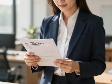 Approachable portrait of a legal advisor reviewing a compliance checklist, sunlit office background, 35mm
