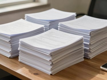 Neat stacks of regulatory filings on a wooden table in a Gurugram office, soft natural light, 35mm