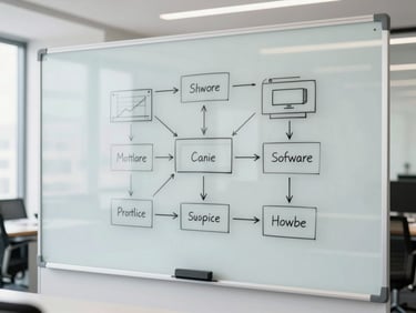 An abstract architectural diagram of software systems drawn on a clean glass whiteboard in a well-lit corporate meeting room, bright natural light