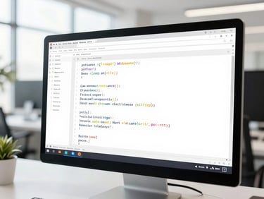 Close-up of clean code interfaces displaying database schemas on a high-resolution monitor in a bright corporate office, soft daylight, sharp focus