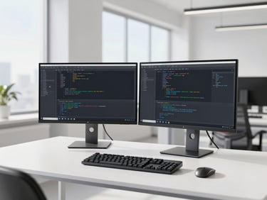 A clean modern developer workspace with dual monitors showing code, a mechanical keyboard, bright natural daylight, minimalist corporate environment