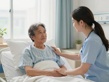 Caregiver providing gentle companionship to a patient in a well-lit hospital room, soft natural light, focus on calm interaction and reassurance.