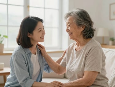 Caregiver gently assisting an elderly woman with a warm smile in a bright, clean living room, natural window light, shallow depth of field, focus on connection and trust.