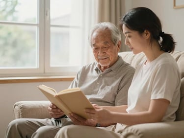 Caregiver reading to an elderly man in a comfortable armchair by a window, warm natural light, focus on shared moment and attentive care.