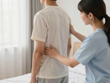 Caregiver helping a patient gently stand up from a bed in a clean, modern home, focus on supportive interaction and careful assistance, soft light.