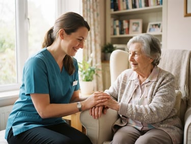 Warm editorial photography of a professional caregiver in clean attire holding the hand of an elderly person, soft natural window light, gentle pastel tones, clean domestic environment, shallow depth of field