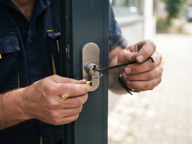 Close-up of professional locksmith hands carefully adjusting a clean modern lock cylinder with specialized tools, bright natural outdoor daylight, high contrast navy and yellow tones, 35mm lens