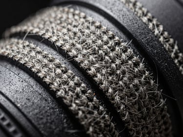 Macro close-up of high-density ballistic fiber weave, high-contrast studio lighting, sharp technical texture detail