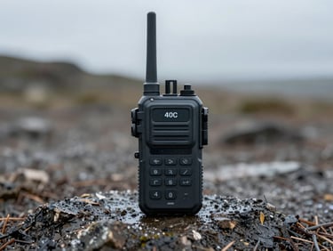 A hardened tactical communication transceiver node sitting on rugged, wet European terrain under cold overcast daylight