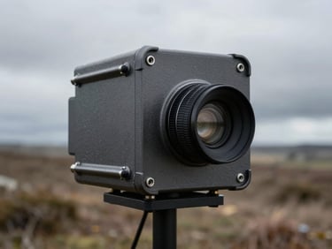 Hardened communication node in rugged overcast European terrain, cold daylight, high-contrast, sharp focus on tactile metal casing.