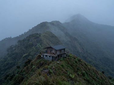A remote wooden teahouse perched on a steep grassy ridge, surrounded by heavy mountain mist, early morning blue hour.