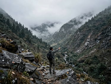 An indigenous guide pointing toward a narrow mountain pass hidden in the clouds, misty valley below.