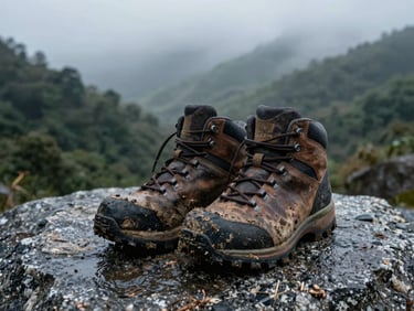 Close-up of worn leather hiking boots covered in wet mud, resting on a wet granite slab, moody overcast light.