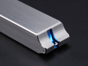 Macro studio shot of a sleek, brushed aluminum device edge reflecting a subtle electric blue light against a dark background, representing precision engineering.