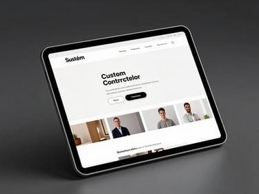 A sleek tablet mockup displaying a clean, minimalist custom contractor website, dramatic studio lighting with silver highlights.
