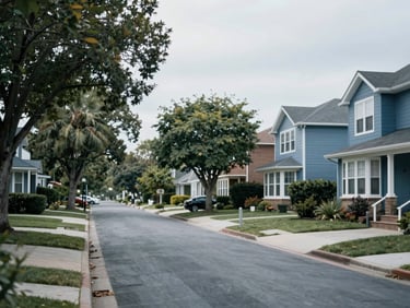 A quiet residential neighborhood street with mature trees and family homes, soft overcast daylight, muted slate and blue tones, editorial corporate photography style.