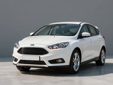 Three-quarter front view of a white Ford Focus on a clean studio floor, north-facing daylight, sharp definition on front grille and alloy wheels
