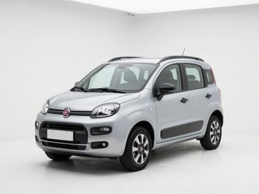 Three-quarter front view of a silver Fiat Panda on a clean white studio floor, bright overcast daylight, minimal shadow, crisp colour accuracy
