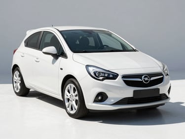 Three-quarter front view of a white Opel Corsa on clean white studio floor, bright north-facing light, crisp paint finish, alloy wheels in sharp focus