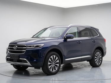 Front three-quarter view of a dark navy blue SUV on clean studio floor, crisp overcast daylight, chrome door handles and alloy rims in sharp focus, neutral background