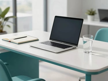Sleek, organized modern executive desk with a laptop, notebook, and a clean glass of water, bright natural daylight, teal accents, shallow depth of field, 35mm lens.