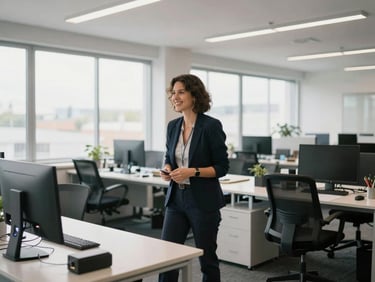 Professional female director in a bright, modern office, smiling, natural daylight, authentic mood