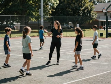 Friendly social worker talking with a family on the sidelines of a community sports court, natural light