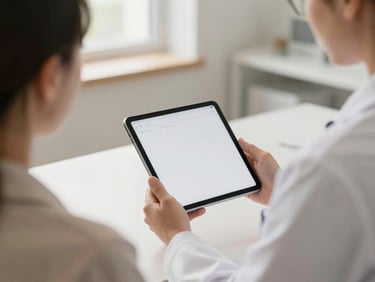 A clinician showing a clean interface on a tablet to a patient, soft natural daylight, gentle muted tones, shallow depth of field, 35mm