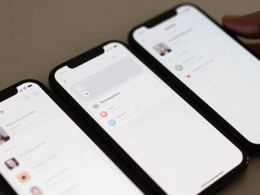 Close-up of clean UI screens on a physical mobile device held by a user, soft natural daylight, gentle muted tones, shallow depth of field, 35mm