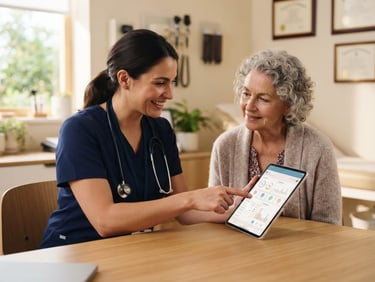 A clinician in a warm, sunlit office showing a clean, intuitive medical portal on a tablet to an elderly patient, natural daylight, shallow depth of field, 35mm