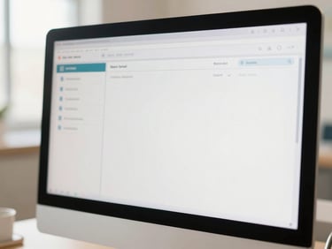 Close-up of a clean, modern healthcare dashboard on a desktop monitor in a bright clinic, soft natural light, shallow depth of field, 35mm