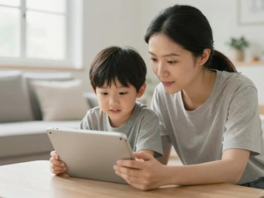 A parent and child looking at a tablet together in a bright living room, soft natural daylight, gentle muted tones, shallow depth of field, 35mm