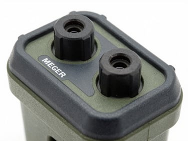 Macro photograph of Megger earth resistance tester terminals, ruggedized casing details, high contrast studio setting.