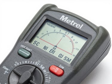 Macro detail of a Metrel multifunction tester interface, crisp LCD screen showing voltage metrics, clean studio lighting, 50mm lens.