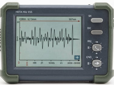 Technical close-up of a digital power quality analyzer screen displaying active harmonics, precise calibration markings.