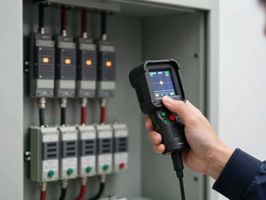 An engineer holding a rugged thermal imaging camera, scanning a busy industrial electrical panel, hot spots glowing on the screen, sharp focus.