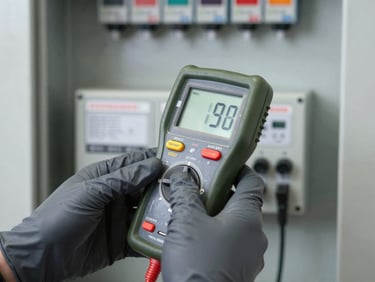 Close-up of hands in protective gloves using a compact multifunction tester on a commercial distribution board, clear digital reading on screen.