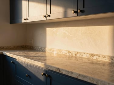 Close-up of premium kitchen finishes with warm golden-hour sunlight highlighting custom cabinetry and stone countertops in a Mumbai residence